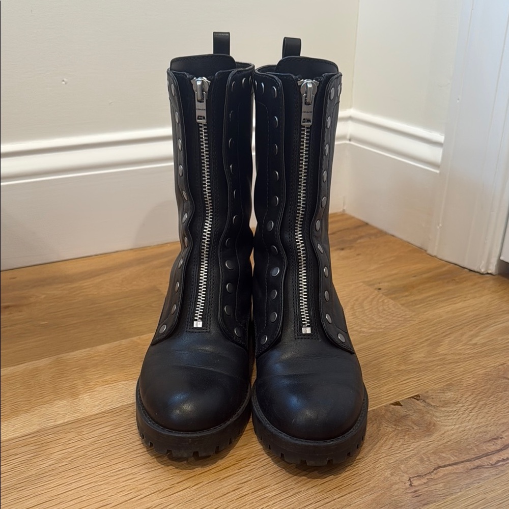 Coach Black Combat Moto Boots with Durable Sole - Lara Studded Zip Boot
